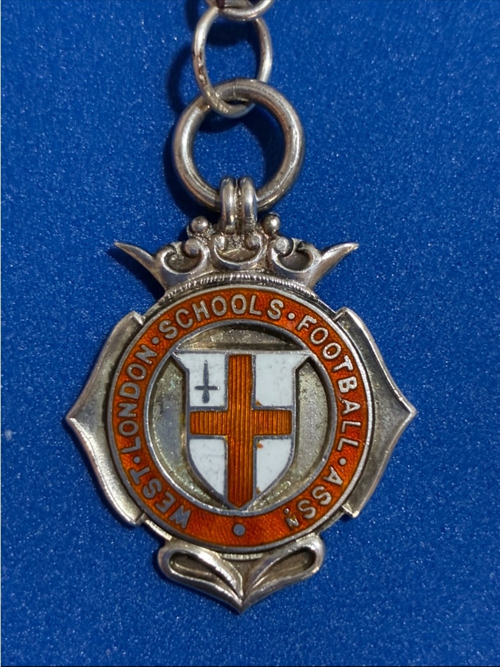 W London Schools Football Asso  Silver, Orange White Enamel Pendant ANTIQUE